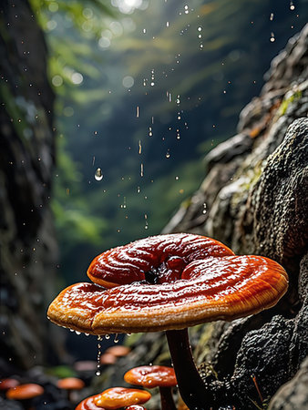 Mushrooms in the forest with rain drops falling on them.