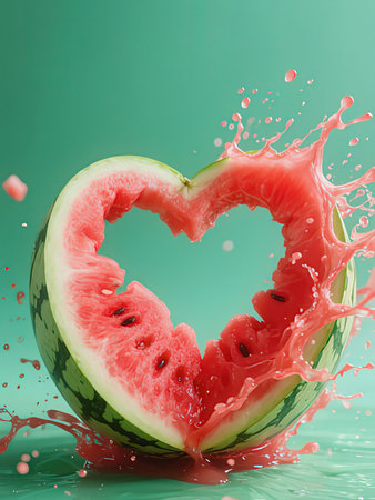 Watermelon slice in heart shape and splashing water on green backgroundの写真素材