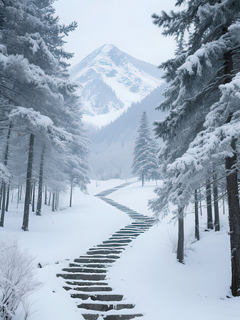 Winter landscape in the mountains. Snowy path in the forest.