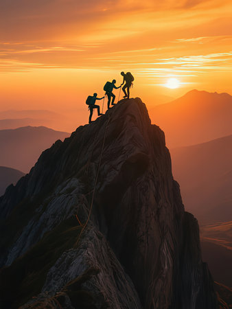 Group of climbers on the top of the mountain at sunset. 3d rendering