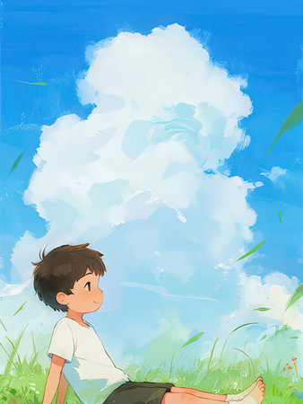 Illustration of a boy sitting on the grass