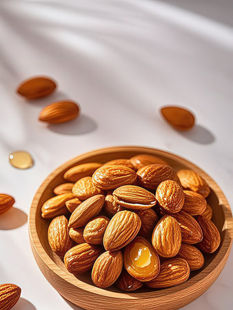 Almond nuts in wooden bowl on white background. Almond oil.