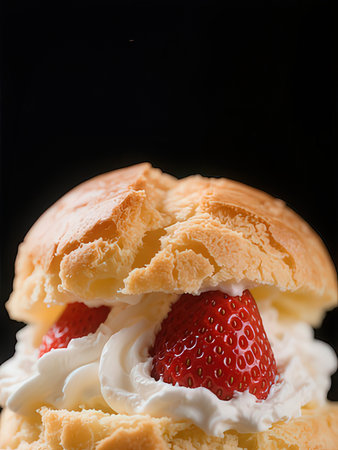 Strawberry Cream Cake on a black background with copy space.