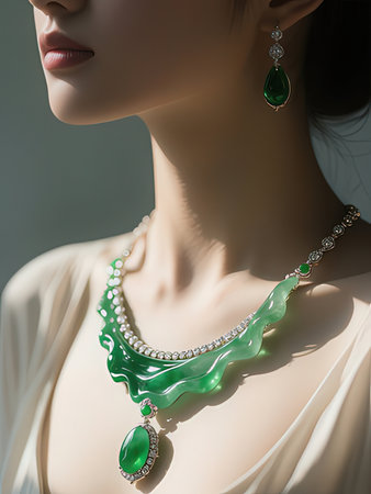 Fashion photo of a beautiful female mannequin with green jewelry.の写真素材