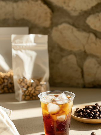 Coffee with ice cubes in a glass and coffee beans on the table