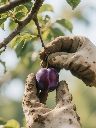 Plum harvest. Farmers hands in gloves picking plums from a tree.