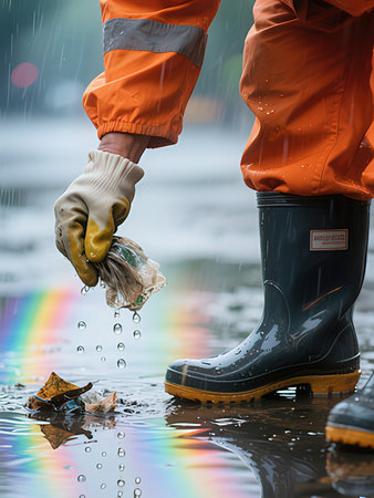 Rainy weather. A man in a raincoat and rubber boots is cleaning a puddle with a rag.の写真素材
