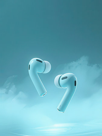 Earphones on blue sky background. 3D render. Music concept
