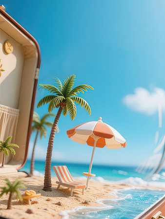 Tropical beach with palm tree and umbrella. Vacation conceptの写真素材