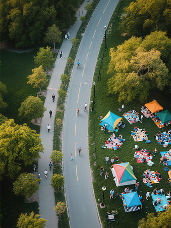 Aerial view of people camping in the park. Top view.の写真素材