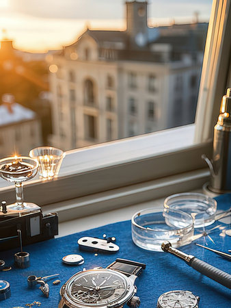 Vintage watch, glasses of champagne and vintage camera on the windowsill