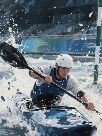 Athlete in kayak on the river, extreme water sportの写真素材