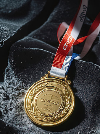 Gold medal with red ribbon on black background. 3D illustration.の写真素材