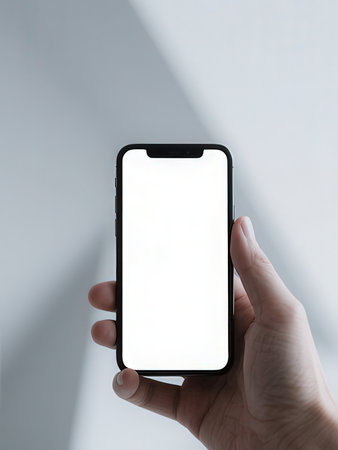Mockup image of a hand holding a smartphone with white screen