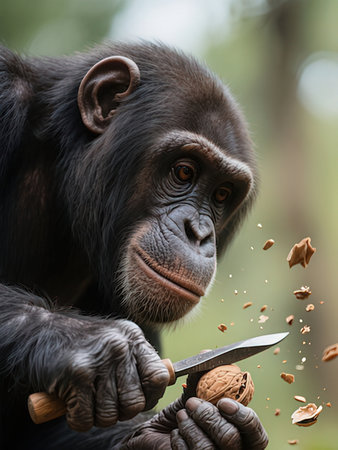 Chimpanzee with a knife in his hand eating walnutsの写真素材