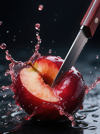 red apple with knife and splashes of water on a black background
