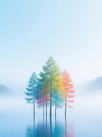 Foggy landscape with pine trees in the morning, 3d render