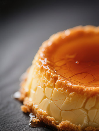 close up of a creme caramel custard on a dark background