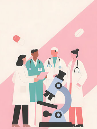 Vector illustration of doctors working with microscope and pills in flat style.
