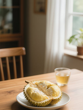 Durian fruit and juice on the table in coffee shop, Thailand.