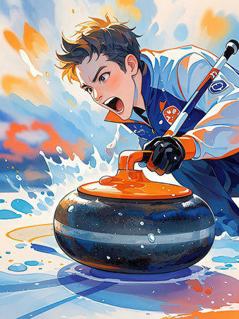 illustration of a boy playing curling on an ice rink.