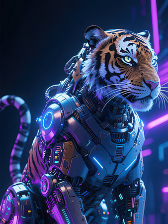 3D rendering of a tiger in a cyborg suit on a dark backgroundの写真素材