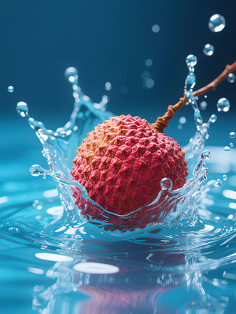 Lychee fruit in water splash on blue background with copy space