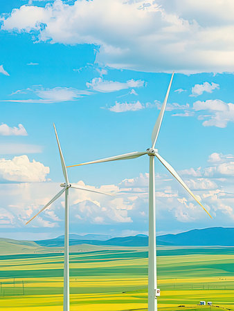 Wind turbines on the background of the blue sky with clouds. 3d rendering