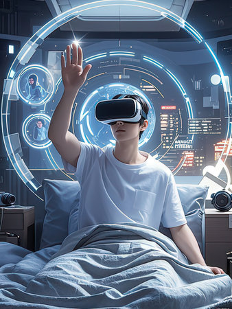Young person wearing virtual reality headset while lying in bed. 3D rendering