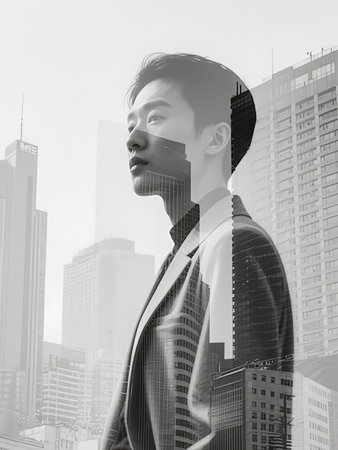 double exposure of young asian business man thinking and modern cityscape