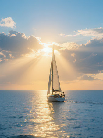 Sailing yacht in the sea at sunset. Luxury yachts and boats in the open sea.