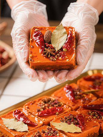 Female hands in gloves holding a piece of chocolate cake with spices.
