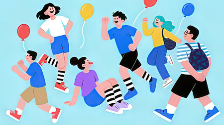 Group of happy people running and jumping with balloons. Vector illustration.の写真素材