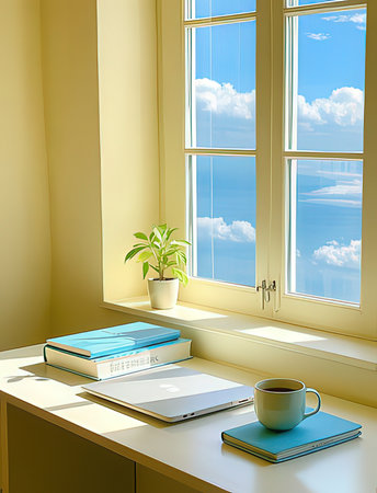 Working place with laptop, books and coffee cup. 3d renderの写真素材