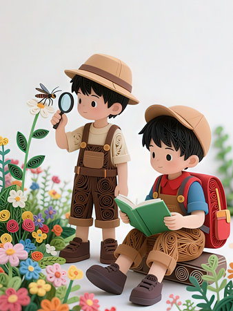 Boy reading a book with his friend in the garden. Education concept.