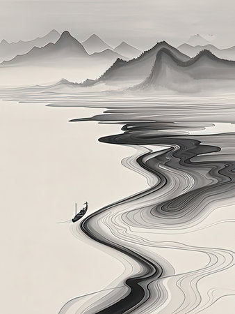 A monochrome illustration of a serene river landscape with mountains in the background and a small boat in the foreground.の写真素材