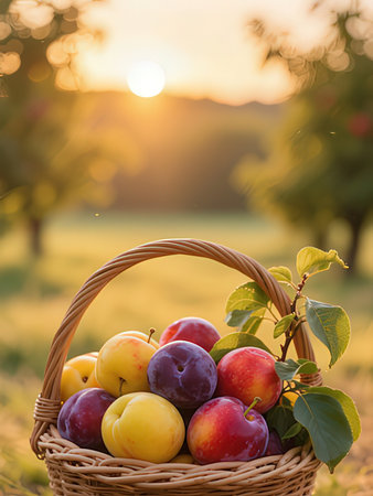 A basket filled with plums, placed outdoors at sunsetの写真素材