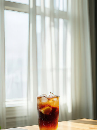 Cola with ice cubes in a glass on a table by the window