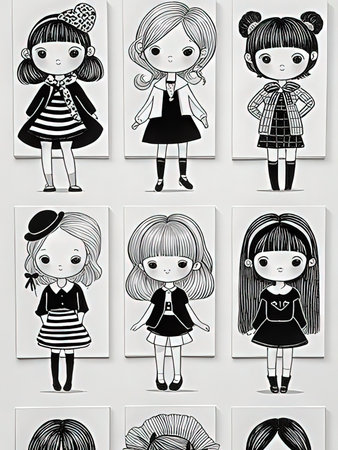 Cute cartoon little girls in black and white. Vector illustration.の写真素材