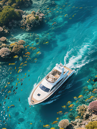 Cruise boat in the coral reef. 3d render illustration.