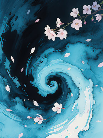 Cherry blossoms on a blue watercolor background. Vector illustration.の写真素材