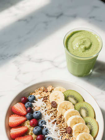 Healthy breakfast bowl with oatmeal, banana, blueberry, kiwi and green smoothieの写真素材