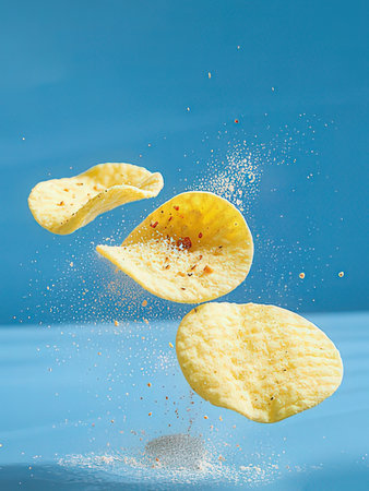 potato chips flying in the air on a blue background with splashesの写真素材