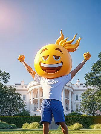 Smiling emoji with arms raised standing in front of the White Houseの写真素材