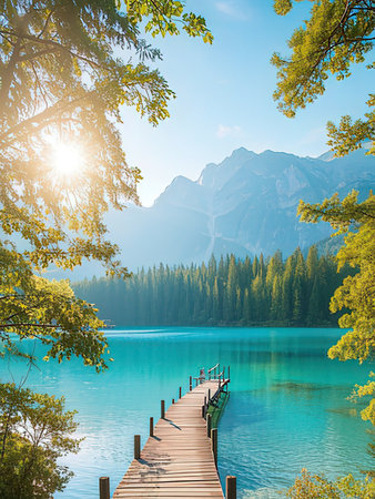 Wooden pier on turquoise lake in mountains at sunset.の写真素材