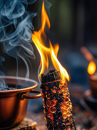 Burning incense sticks in a pot on a wooden background.