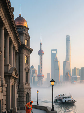 Foggy morning in Shanghai, China. View of Shanghai Bund from the Bund.