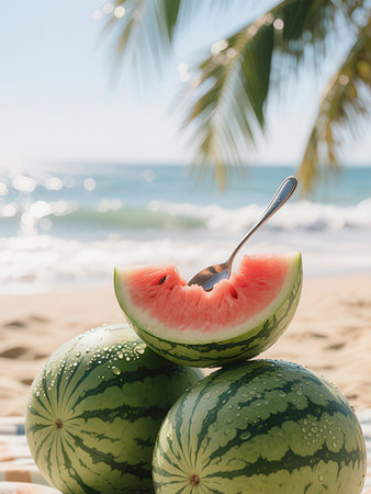 Watermelon on the beach with palm leaves and sea in the backgroundの写真素材