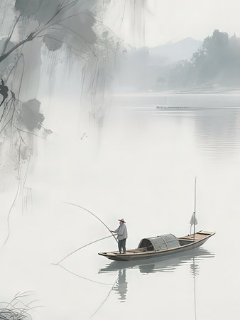 Fisherman fishing in the morning mist on the lake, Thailand.の写真素材