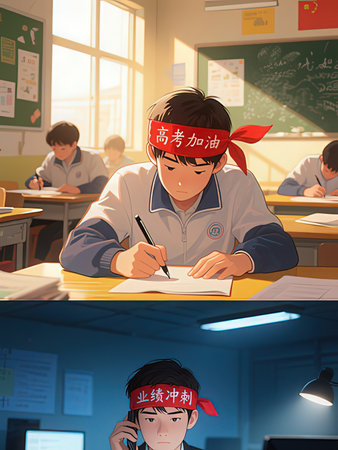 Schoolboy doing homework in a classroom. Vector illustration in a cartoon style.